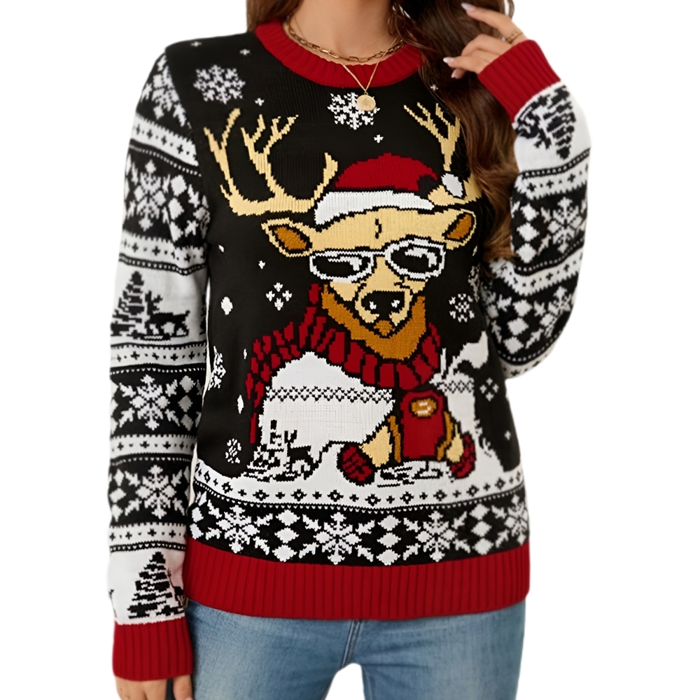 Cool Reindeer Funny Fair Isle Christmas Sweater Long Sleeve Holiday Knit Pullove